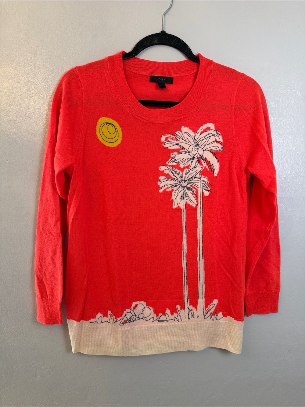 J crew Coral Sweater with Palm Tree Motif and merino wool size medium
